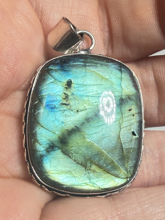 Jewelry - Labradorite Pendant | Teal Green Flash | Organic Rectangle | 2 Inches